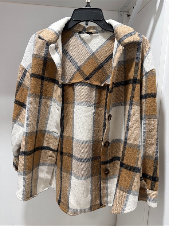SHEIN Jackets & Blazers - SHEIN Plaid Trench Coat in Camel, Cream & Black